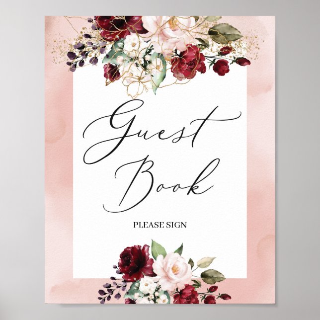 Panneau de livre d'or floral or rose burgundy bohè (Devant)