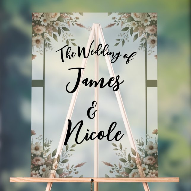 Panneau de mariage floral élégant vert olive et bl (Neutre)