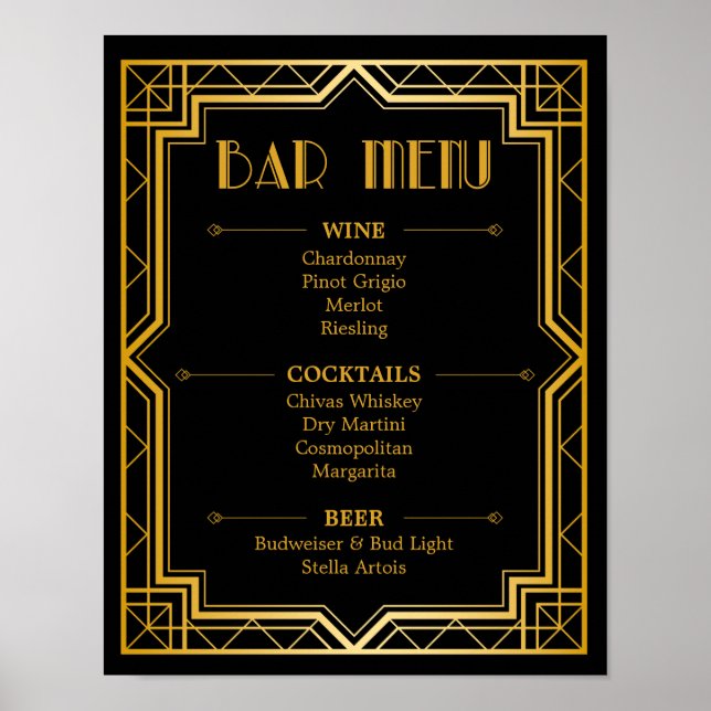 Panneau de menu de bar pour mariage | Art déco Gat (Devant)