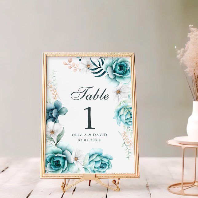 Panneau de numéro de table de mariage à fleurs sau (Teal & Off-White Wildflowers Wedding Table Number
)