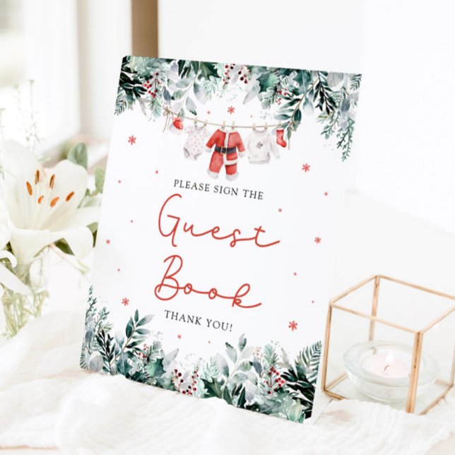 Panneau du Baby shower d'invités Red Christmas Pèr (Watercolor Red Christmas Santa Baby Shower Guest Book Sign)