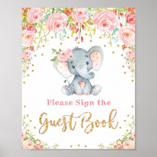 Panneau du livre d'or Baby shower d'éléphant rose  (Devant)
