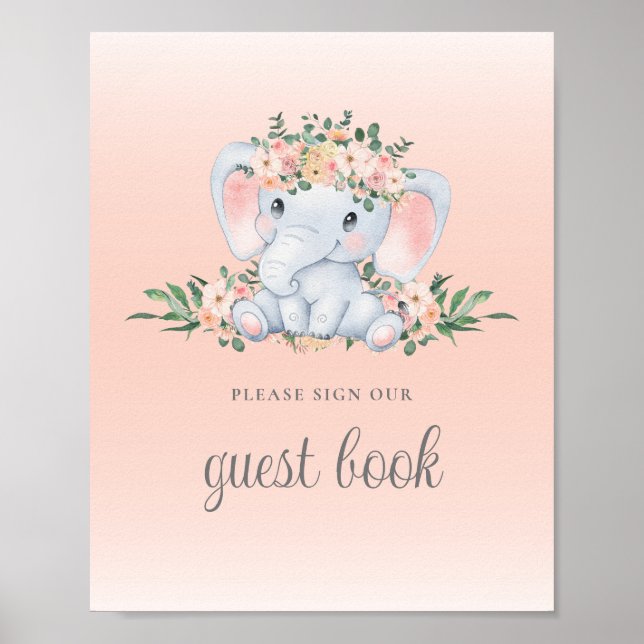 Panneau du livre d'or Baby shower d'éléphant rose  (Devant)