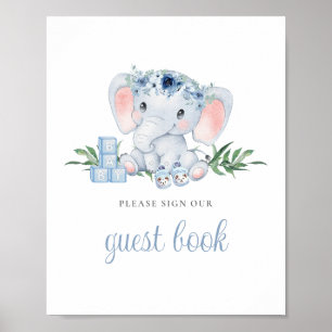Panneau du livre d'or Blue Cute Elephant Baby show