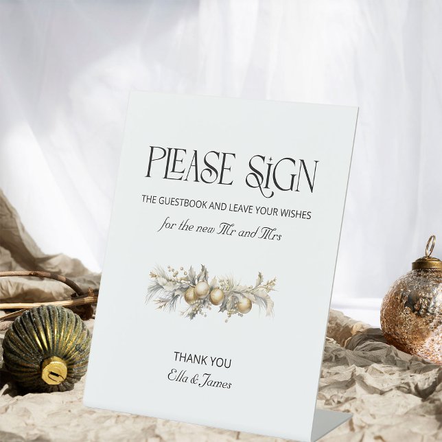 Panneau du livre d'or Christma Mariage Gold Garlan (Guestbook Sign from the Holly Bells Wedding Collection by Darling & May)