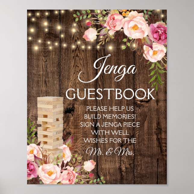 Panneau du livre d'or Floral Rustic Mariage Jenga (Devant)