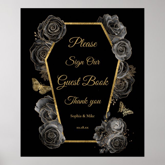 Panneau du livre d'or Mariage gothique Rose Coffin (Devant)