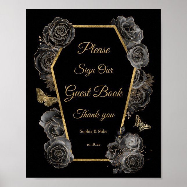 Panneau du livre d'or Mariage gothique Rose Coffin (Devant)
