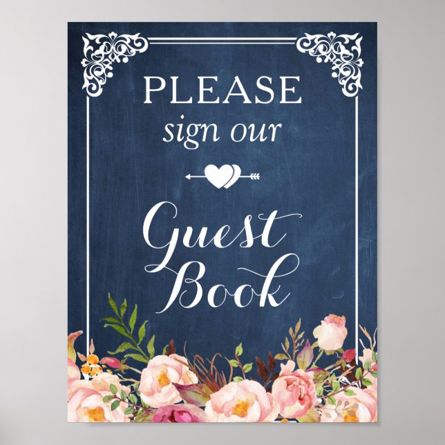 Panneau Floral bleu Chalkboard Notre livre d'or (Devant)