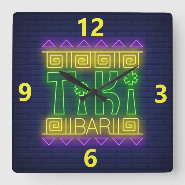 Panneau Tiki Bar Neon Carré Horloge murale (Recto)
