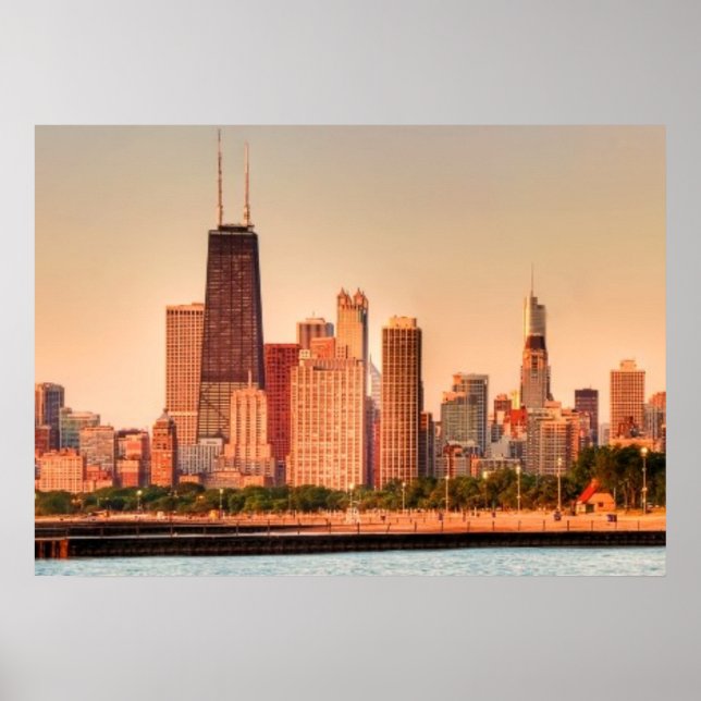 Panorama of Chicago skyline at sunrise Poster (Front)