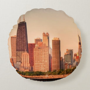 Panorama of Chicago skyline at sunrise Round Pillow