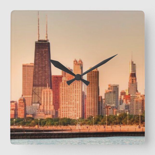 Panorama of Chicago skyline at sunrise Square Wall Clock (Front)