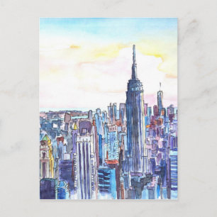 Panorama Of Manhattan Skyline in watercolor Postcard