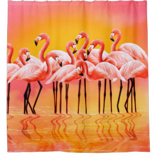 Panorama of pink flamingos on a bright pink backgr
