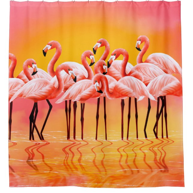 Panorama of pink flamingos on a bright pink backgr (Front)