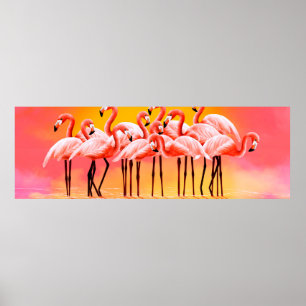 Panorama of pink flamingos on a bright pink backgr poster