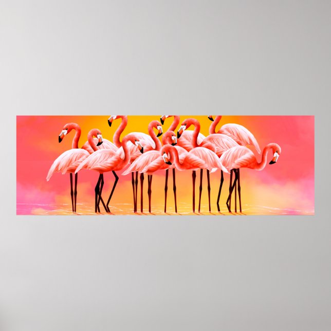 Panorama of pink flamingos on a bright pink backgr poster (Front)