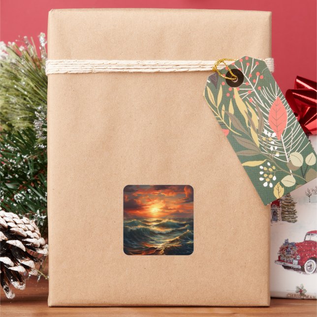 Panoramic Beach Sunset Golden Nature Glow  Square Sticker (Holiday)