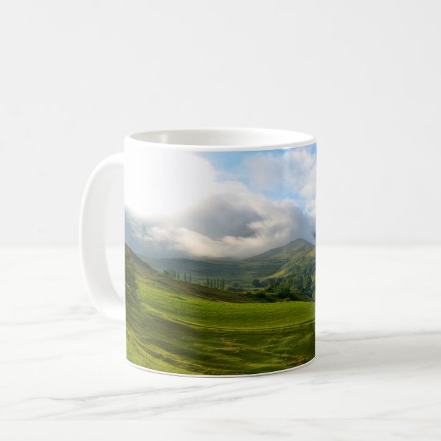Panoramic mountain meadow vista coffee mug (Front Left)