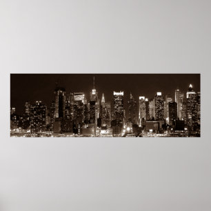 Panoramic Sepia Brown New York City Night Artwork Poster