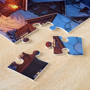 Panoramic Stained Glass Winter Village Jigsaw Puzzle
