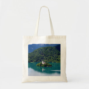 Panoramic view of Bled Lake Tote Bag