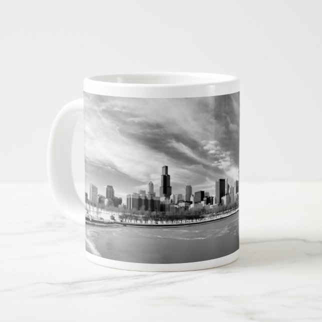 Panoramic view of Chicago skyline in winter Large Coffee Mug (Front Left)