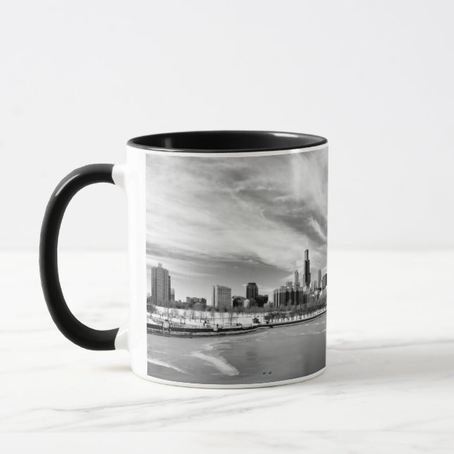 Panoramic view of Chicago skyline in winter Mug (Left)