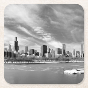 Panoramic view of Chicago skyline in winter Square Paper Coaster