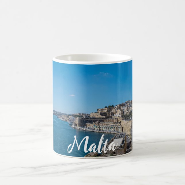 Panoramic view of city wall and harbor in Valletta Coffee Mug (Center)