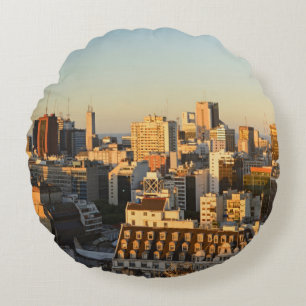 Panoramic View Of Cityscape At Dusk Round Pillow