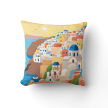 Panoramic View of Santorini Island Throw Pillow