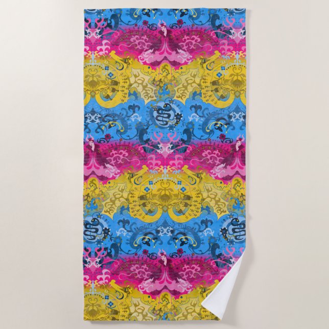 Pansexual Dragon Damask - Pride Flag Colours Beach Towel (Front)