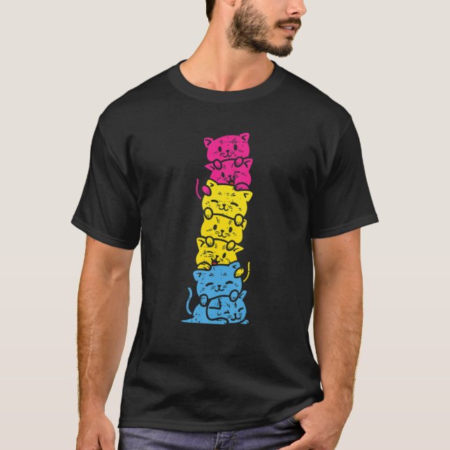 Pansexual Pride Cat Stack Cute Pan Flag LGBT Anima T-Shirt (Front)