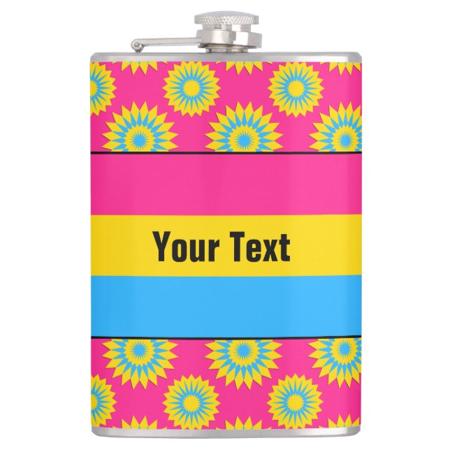 Pansexuality pride flag with a pink flower pattern hip flask (Front)