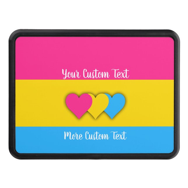 Pansexuality pride flag with text trailer hitch cover (Front)