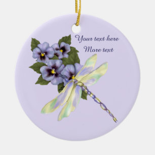 Pansies and Dragonfly Ceramic Ornament