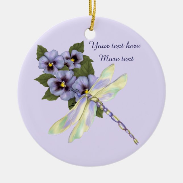Pansies and Dragonfly Ceramic Ornament (Front)