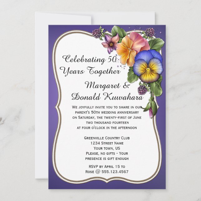 Pansies and Gold Frame on Purple 50th Anniversary Invitation (Front)