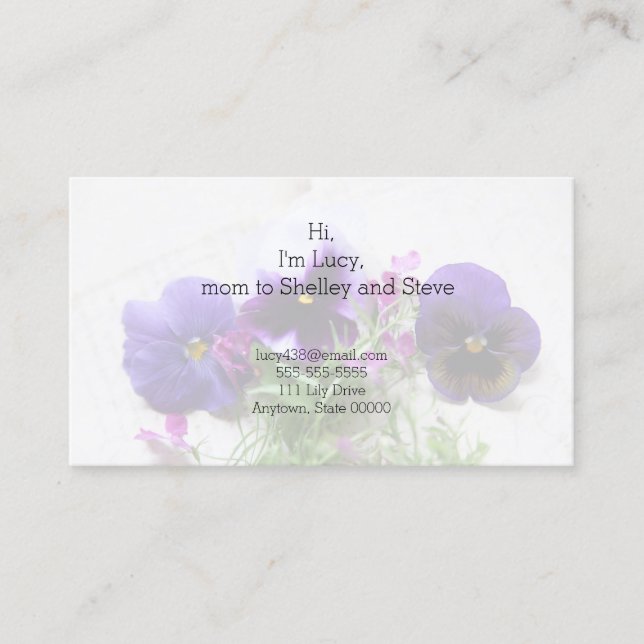 Pansies and lobelia on old handwriting mom calling card (Front)