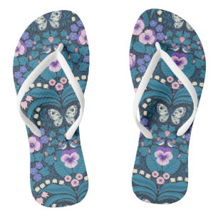 Pansies, birds and butterflies flip flops