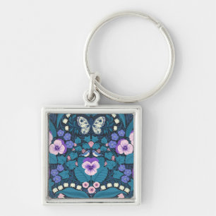 Pansies, birds and butterflies keychain