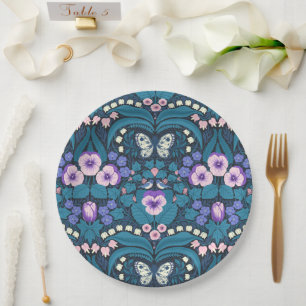 Pansies, birds and butterflies paper plate