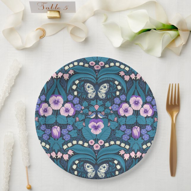 Pansies, birds and butterflies paper plate (Wedding)