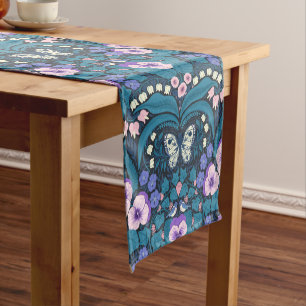 Pansies, birds and butterflies short table runner