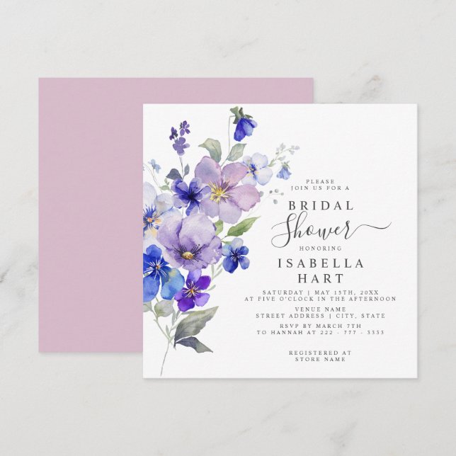 Pansies Botanical Floral Lilac Blue Bridal Shower Invitation (Front/Back)