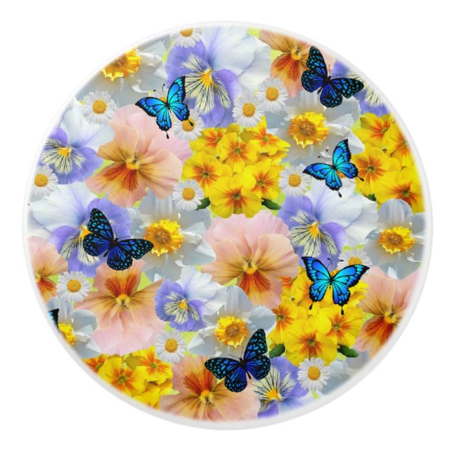 Pansies Daisies And Butterflies Ceramic Knob (Front)