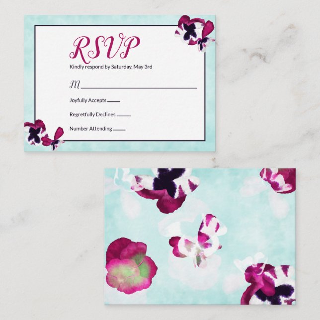 Pansies Magenta, carte RSVP Turquoise (Devant / Derrière)