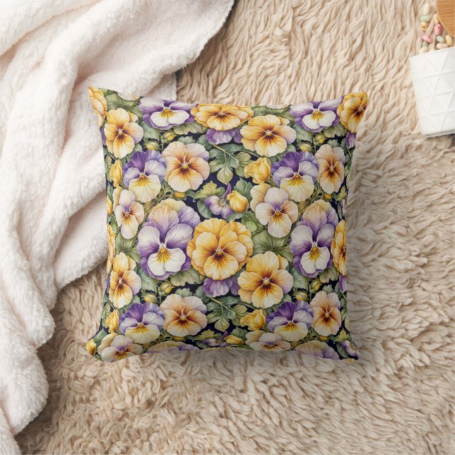 Pansies Modern Vintage Floral Throw Pillow (Blanket)